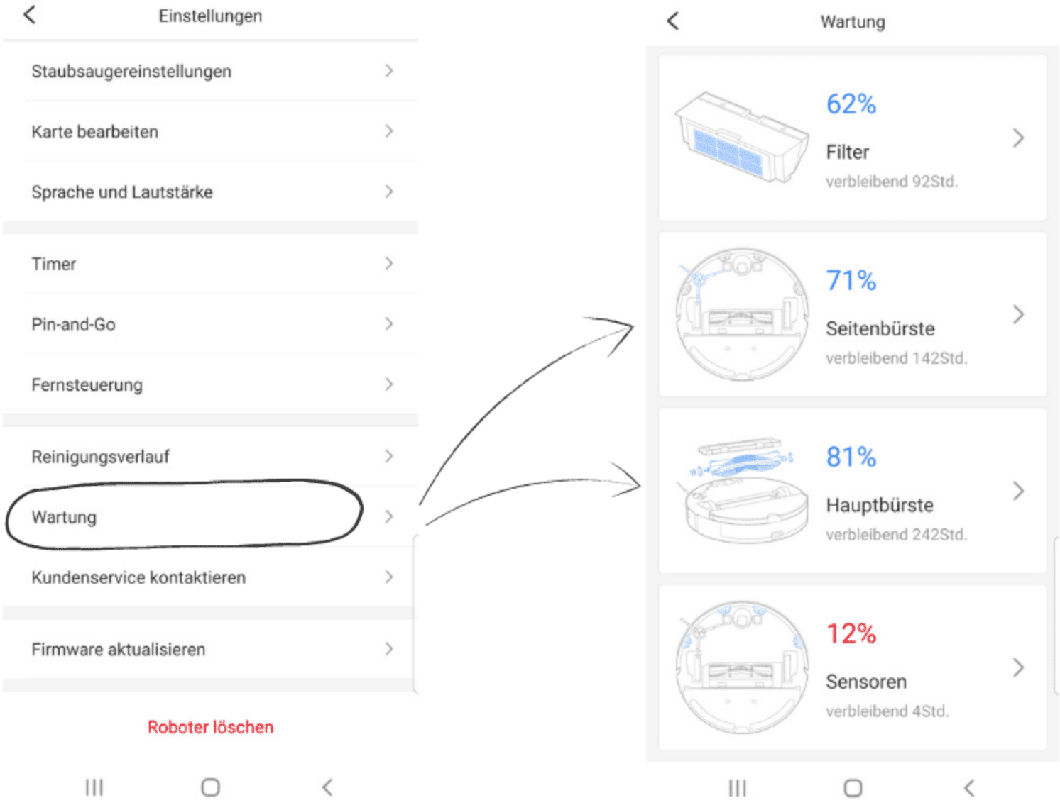 Die Notwendigkeit der Wartung der Seiten- und Hauptbürste wird in der Handy-App eines Saugroboters angezeigt 